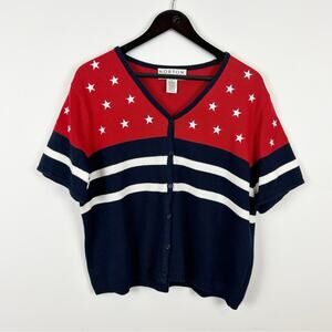 Vintage Norton Studio American Flag Novelty Print Short Sleeve Cardigan Large